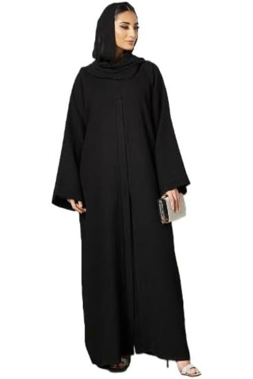 Traditional Black closed style Abaya in premium twill fabric with Long Sleeves and Headscarf for Women