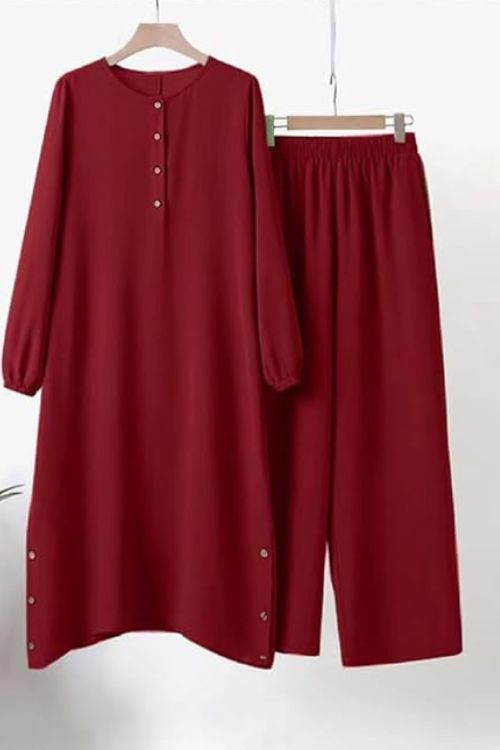 Women's Modest  Two-Piece Outfit - Long Tunic and Wide-Leg Pants Set