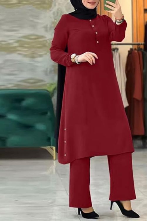 Women's Modest  Two-Piece Outfit - Long Tunic and Wide-Leg Pants Set