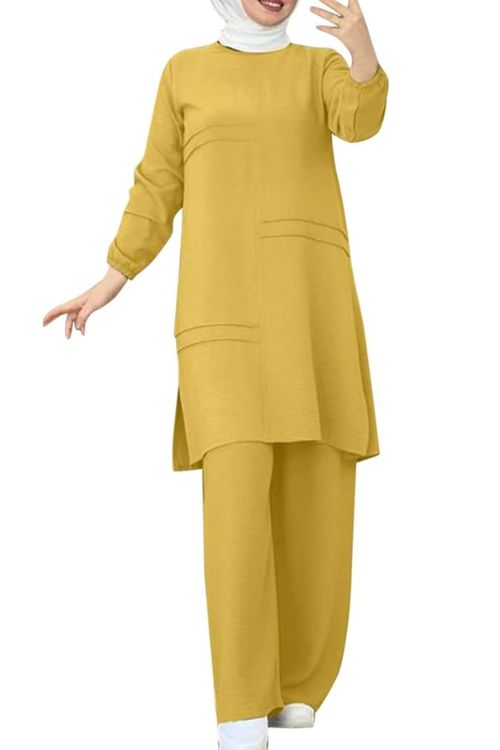 Modest Women's Two-Piece Outfit - Long Tunic and Wide-Leg Pants Set